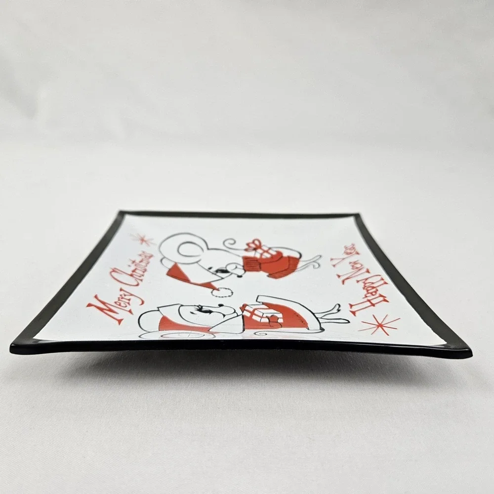 Vintage Campana Christmas Glass Trinket Tray Dish New Years Mouse MCM Retro